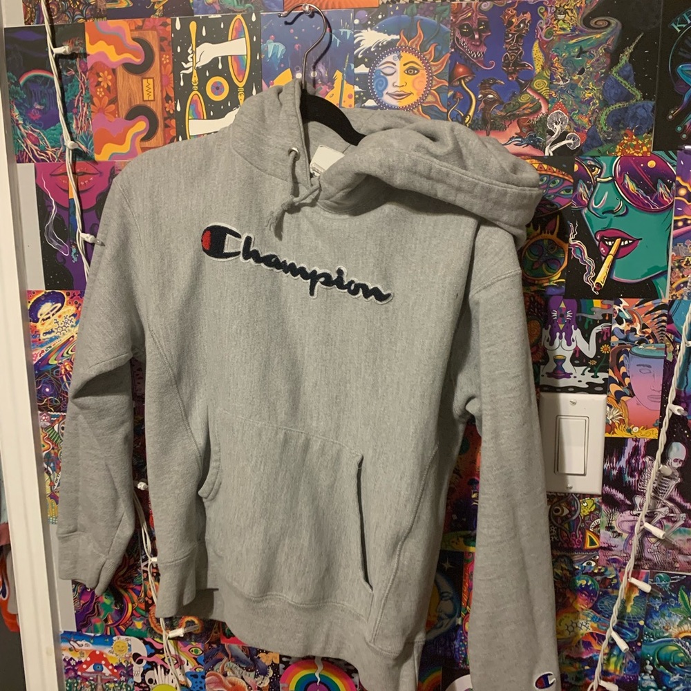 champion hoodie with logo across front